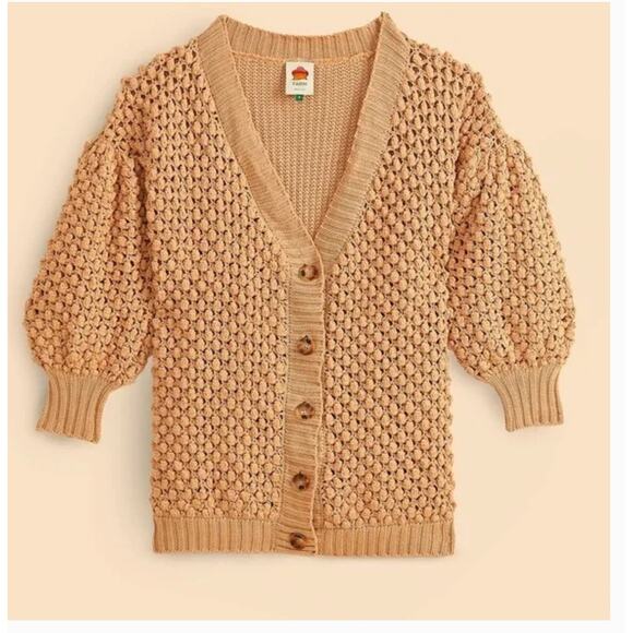 FARM RIO Dark Sand Handmade Dots Knit Cardigan XS Sweater Oversized Tan Beige - Picture 5 of 8